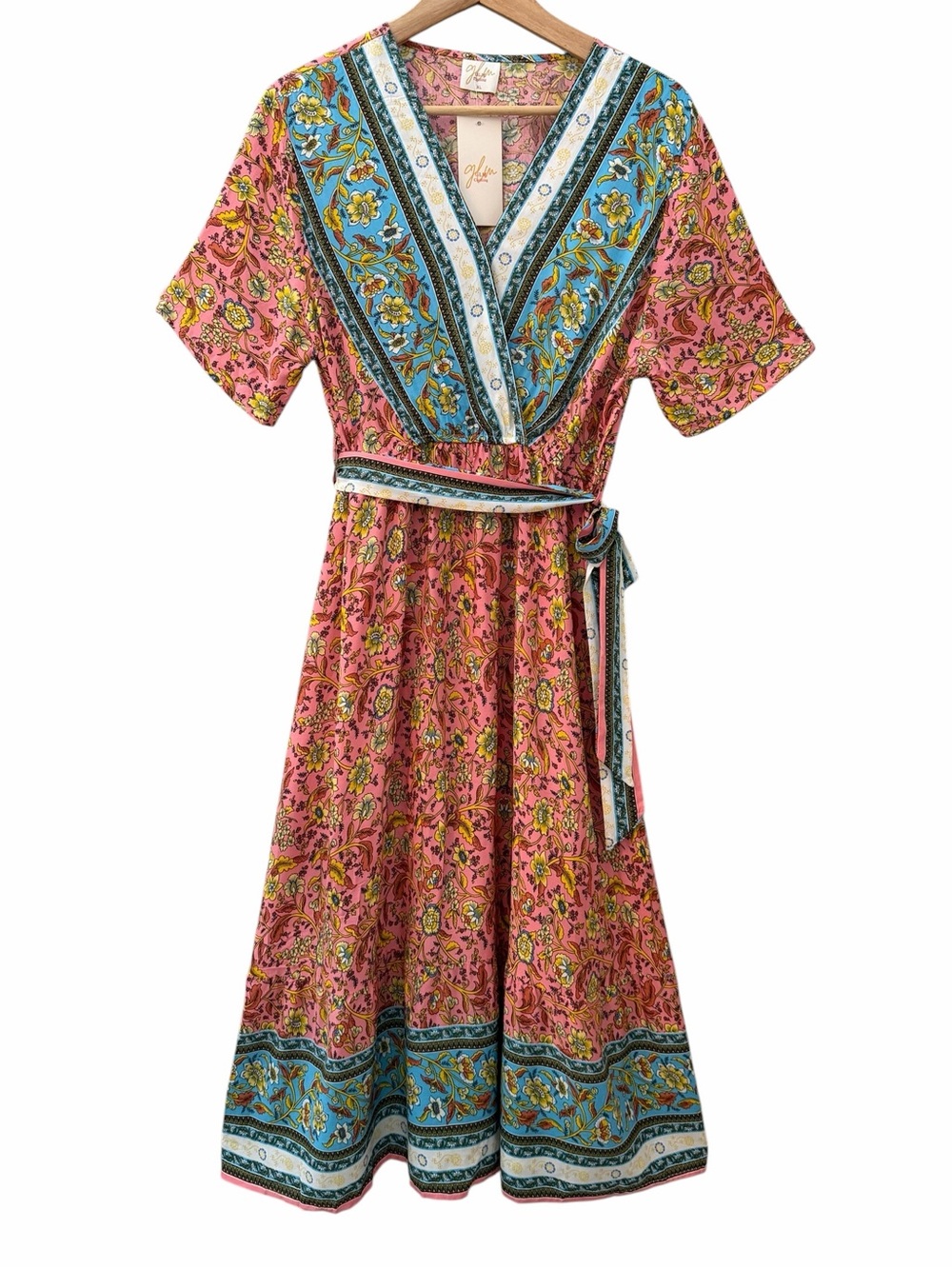 GLM Floral V-Neck Midi Dress Womens Sz XL Pink Blue Rayon Waist Tie Flowy Boho